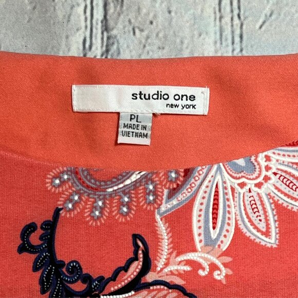 🍑 Peach Paisley Print Dress – 3/4 Bell Sleeves, Size Large Petite - Picture 2 of 6